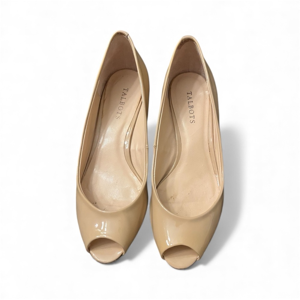Talbots Nude Beige Patent Leather Peep Toe Wedge Heels Shoes with Cork Heel
